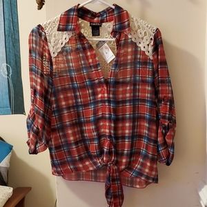 Teen/womens sheer and knit plaid shirt